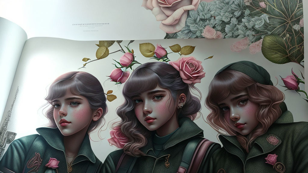 Three stylized female character illustrations with various expressions, amidst roses in print media.