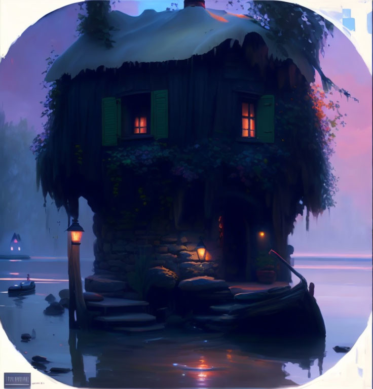 Illustration of Cozy Stone Cottage by Misty Waterway at Twilight