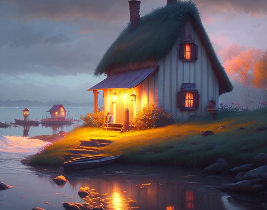 Tranquil river dusk scene: cozy thatched cottage, warm lights, lush greenery