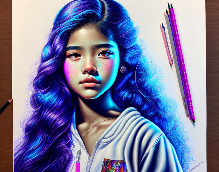 Digital Illustration: Young Girl with Blue Hair and Glowing Skin Among Pencils