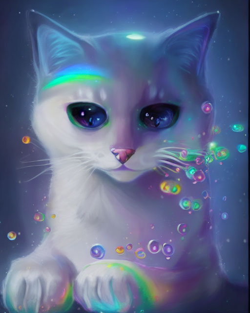 Digital Artwork: White Cat with Glowing Blue Eyes and Iridescent Bubbles