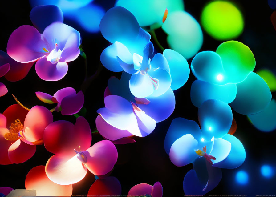 Colorful Illuminated Flowers on Dark Background with Soft Glowing Lights