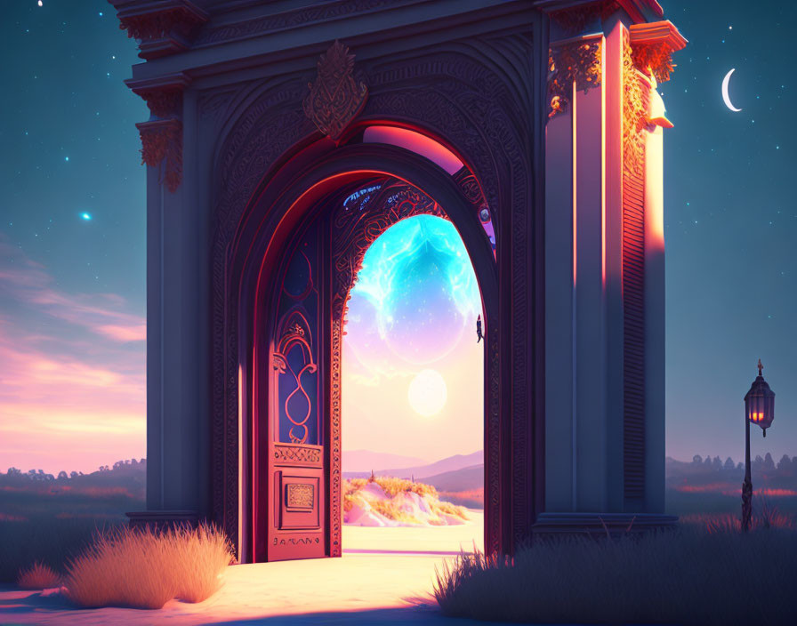 Ornate open doorway to vibrant otherworldly landscape