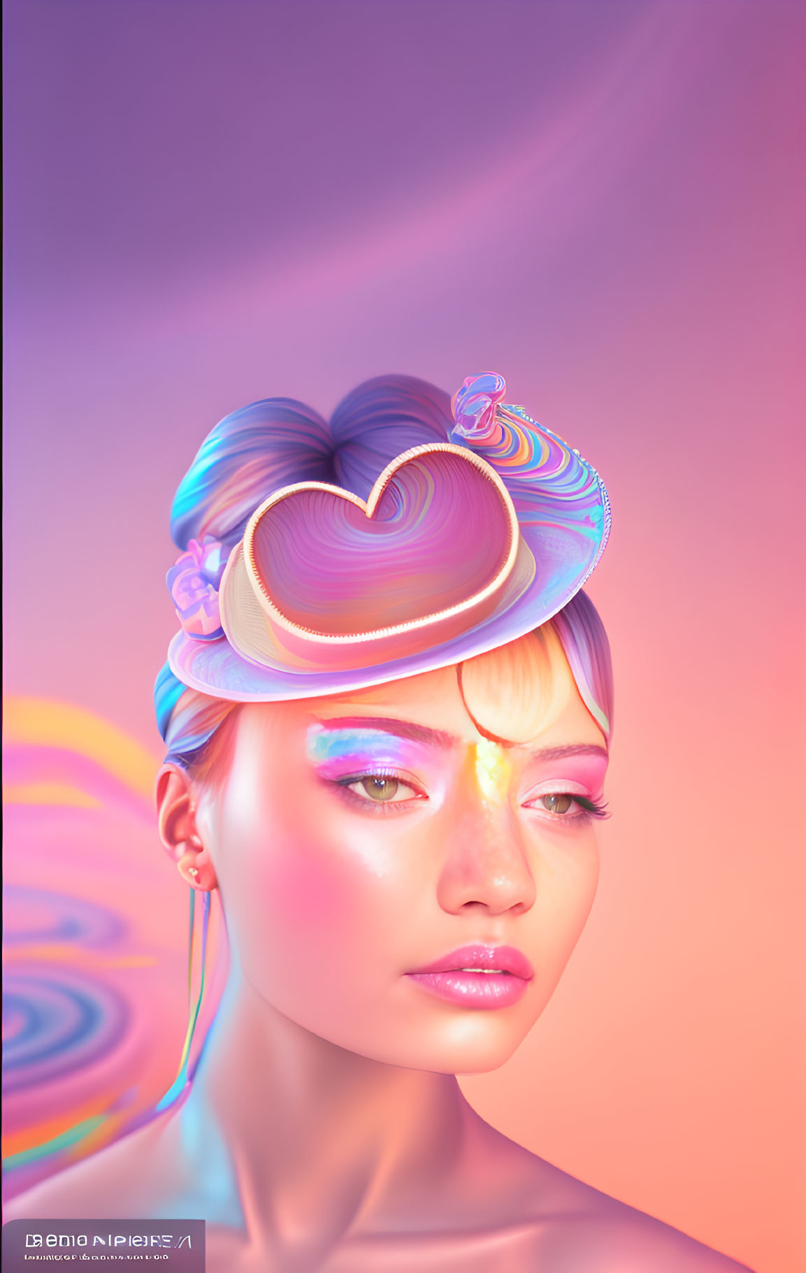 Colorful Heart-Shaped Headdress on Woman in Surreal Digital Art