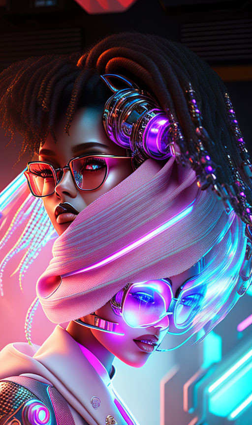 Digital art portrait of woman with cybernetic enhancements and neon accents in futuristic setting