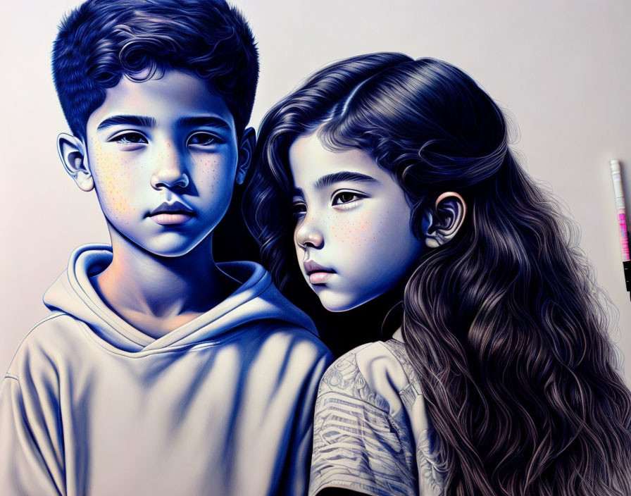 Detailed Hand-Drawn Illustration of Young Boy and Girl with Expressive Eyes