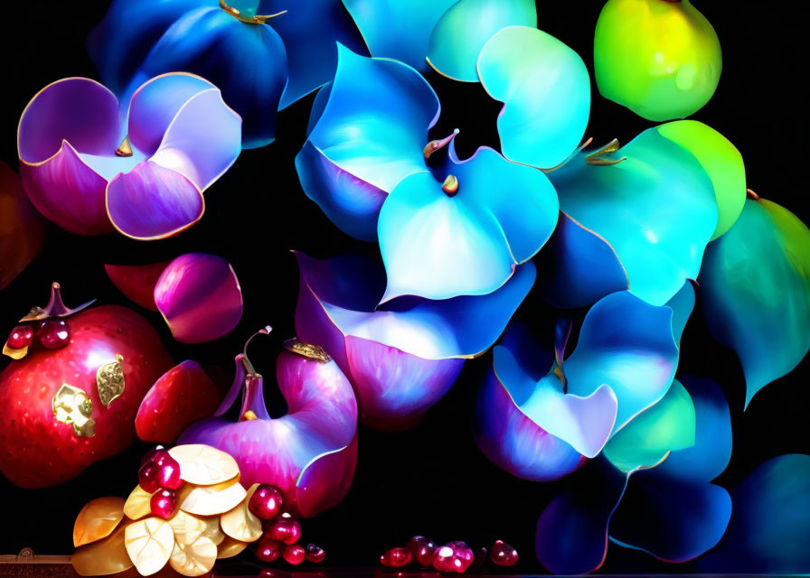 Colorful digital artwork featuring blue and purple flowers, pomegranates, white flowers, and red