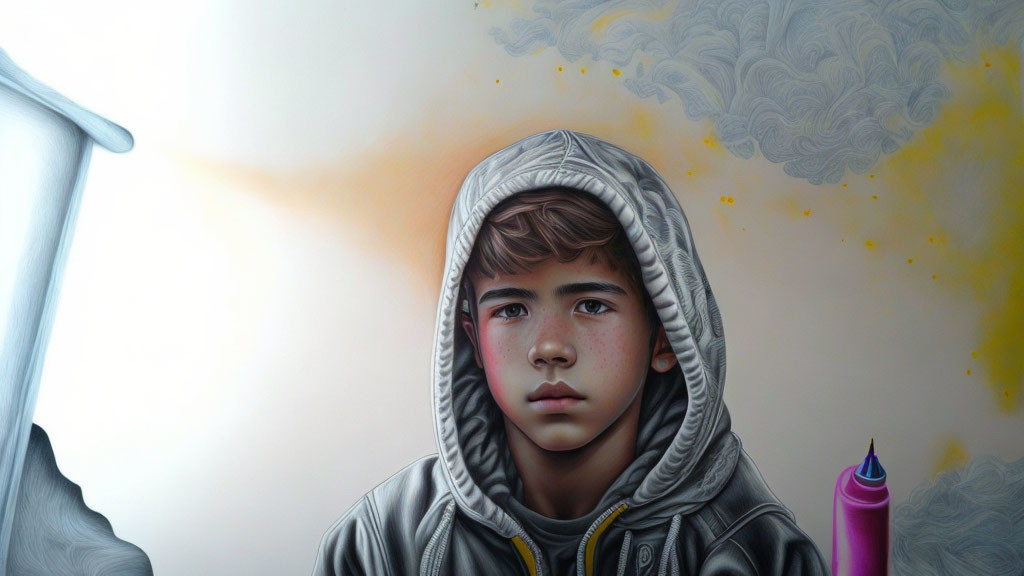 Young person in hoodie with purple crayon and yellow splashes.