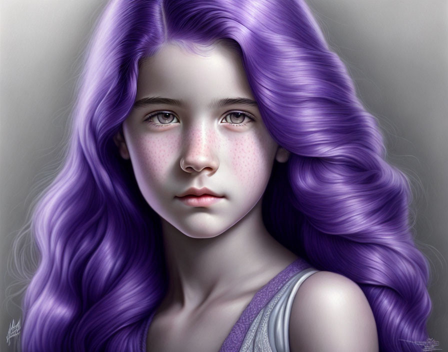 Digital artwork featuring young girl with purple hair and grey eyes