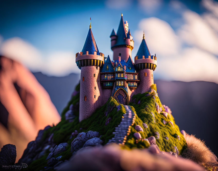 Miniature fairy tale castle on green hillock with turrets and flags, set against blurred mountain backdrop