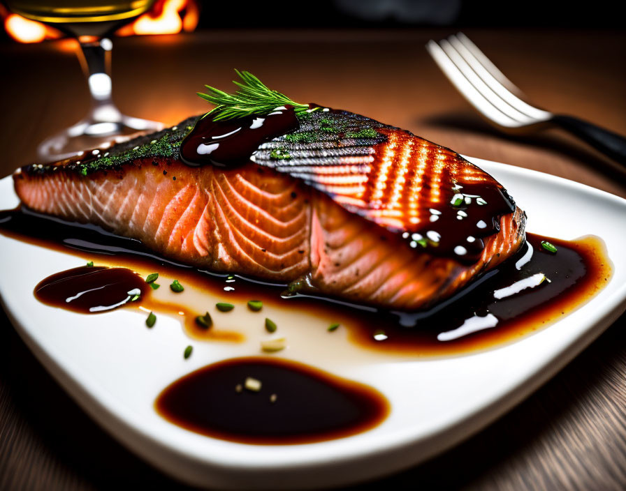 Grilled salmon with dill garnish on white plate under dramatic backlighting