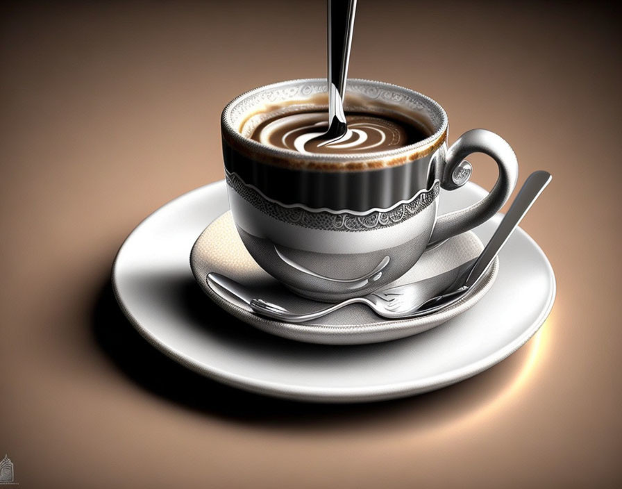 Elegant coffee cup with saucer and spoon, pouring coffee causing ripples