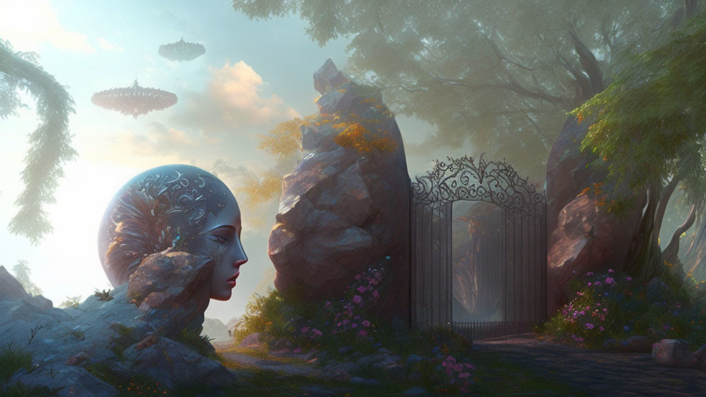 Sculpted head in misty forest with futuristic structures