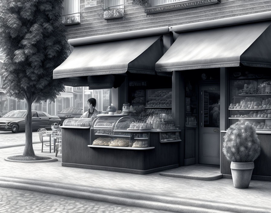 Monochrome illustration of a quaint street scene with bakery, parked cars, and trees