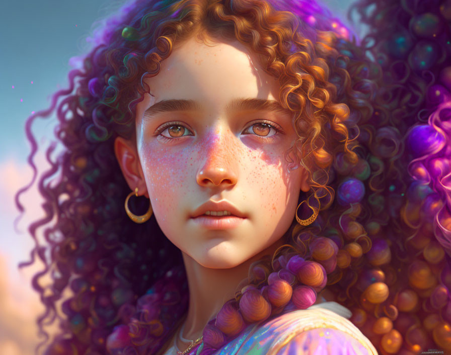 Young girl digital portrait: curly hair, freckles, captivating eyes