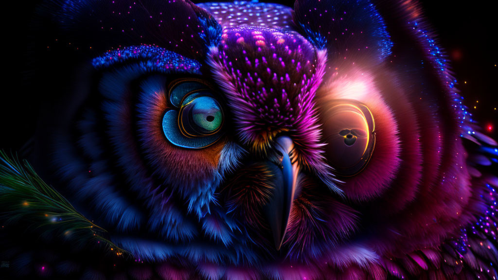 Vibrant neon owl with intricate patterns and starry backdrop