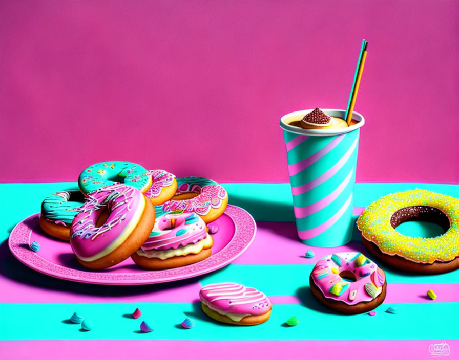 Assorted colorful donuts on pink plate with cup and candy pieces