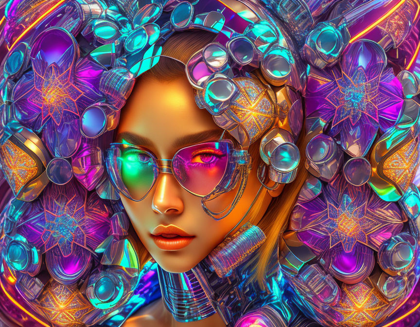 Colorful digital artwork of woman in reflective sunglasses with intricate metallic patterns