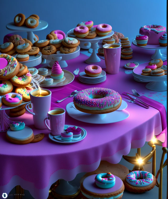 Assortment of donuts, cookies, and drinks on pink table with blue backdrop