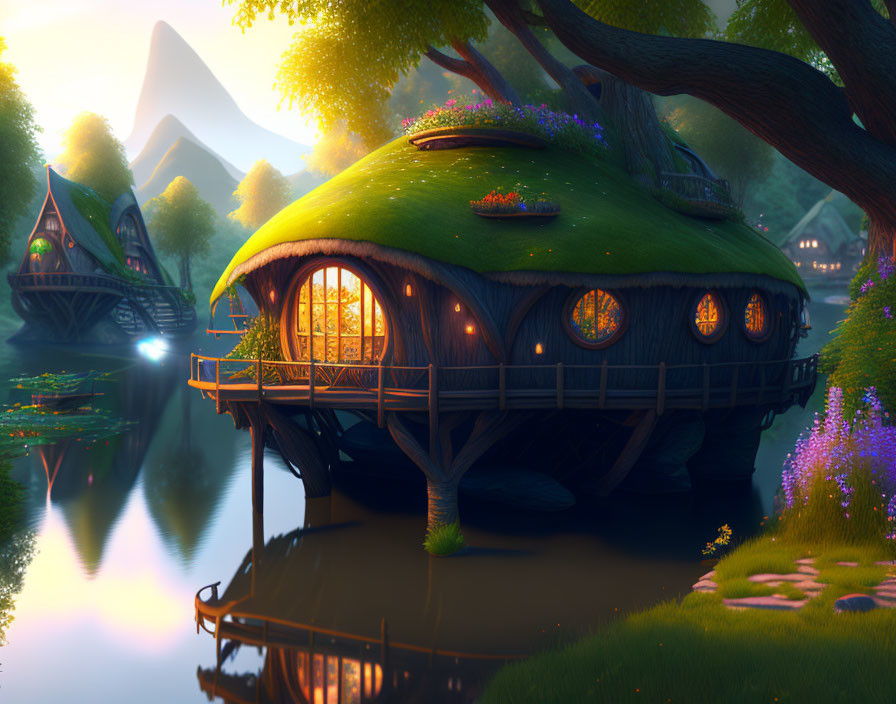 Whimsical House with Grass Roof in Tranquil Forest at Twilight