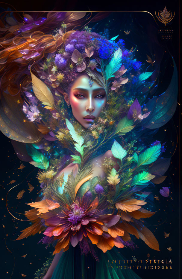 Woman adorned with vibrant flora and feathers in nature-inspired motif