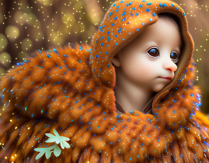 Whimsical doll in brown cloak with blue speckles on bokeh light background