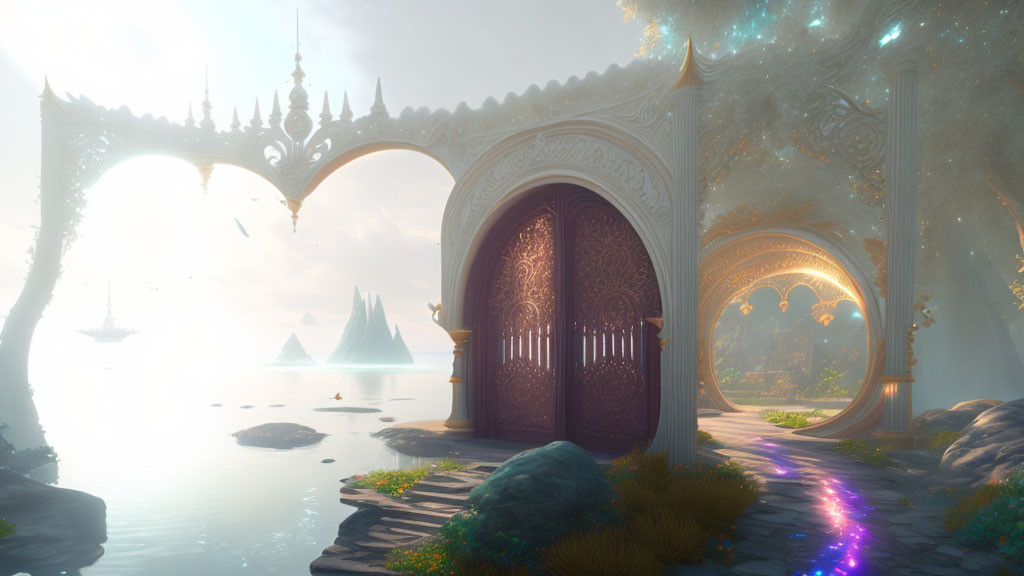 Ornate gateway in serene fantasy landscape overlooking calm sea