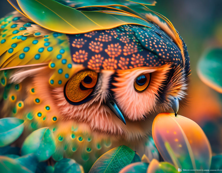 Colorful Owl Image with Detailed Feather Patterns and Multicolored Leaves