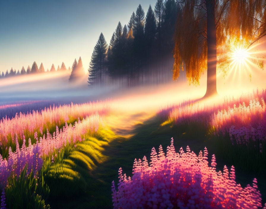 Misty Forest Edge at Sunrise with Purple Flowers