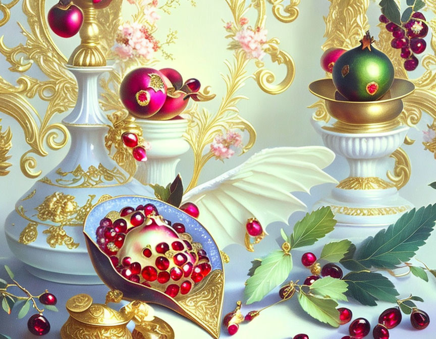 Golden vases, intricate patterns, pomegranates, and red berries on pastel backdrop with