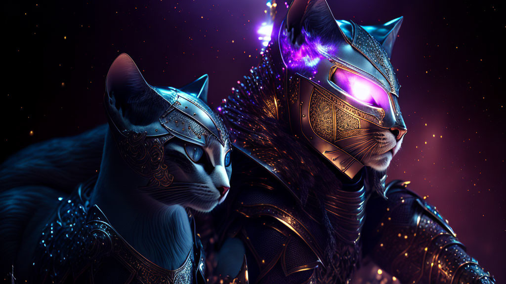 Stylized armored cats with glowing purple eyes on starry backdrop