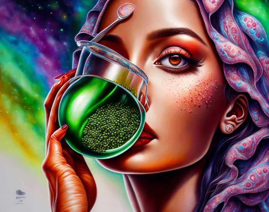 Vibrant cosmic colors in surreal portrait with woman and green liquid.