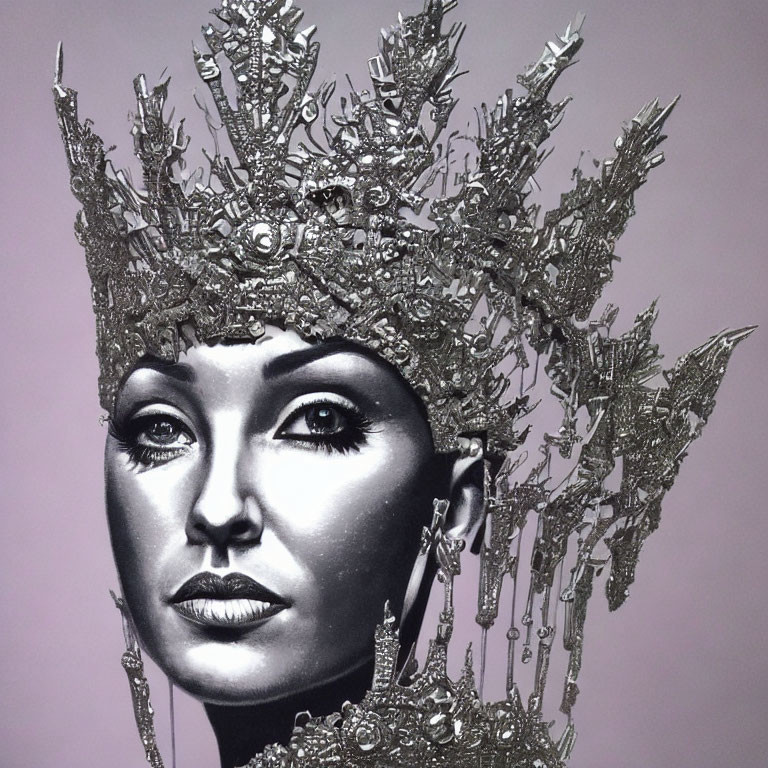 Monochrome portrait of a woman with detailed metallic foliage crown