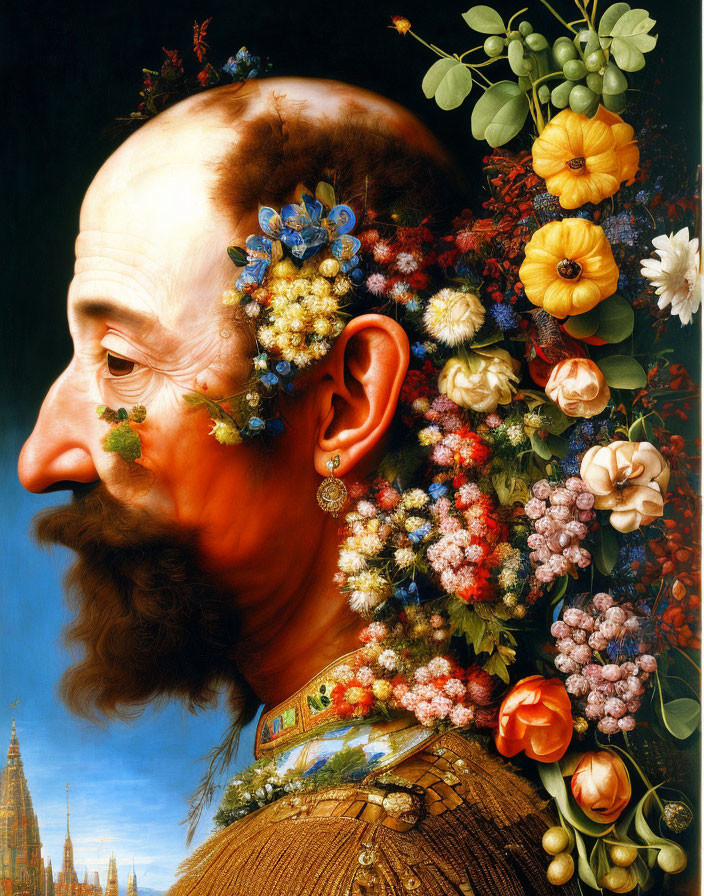 Colorful Flower-Adorned Man Portrait on Dark Background