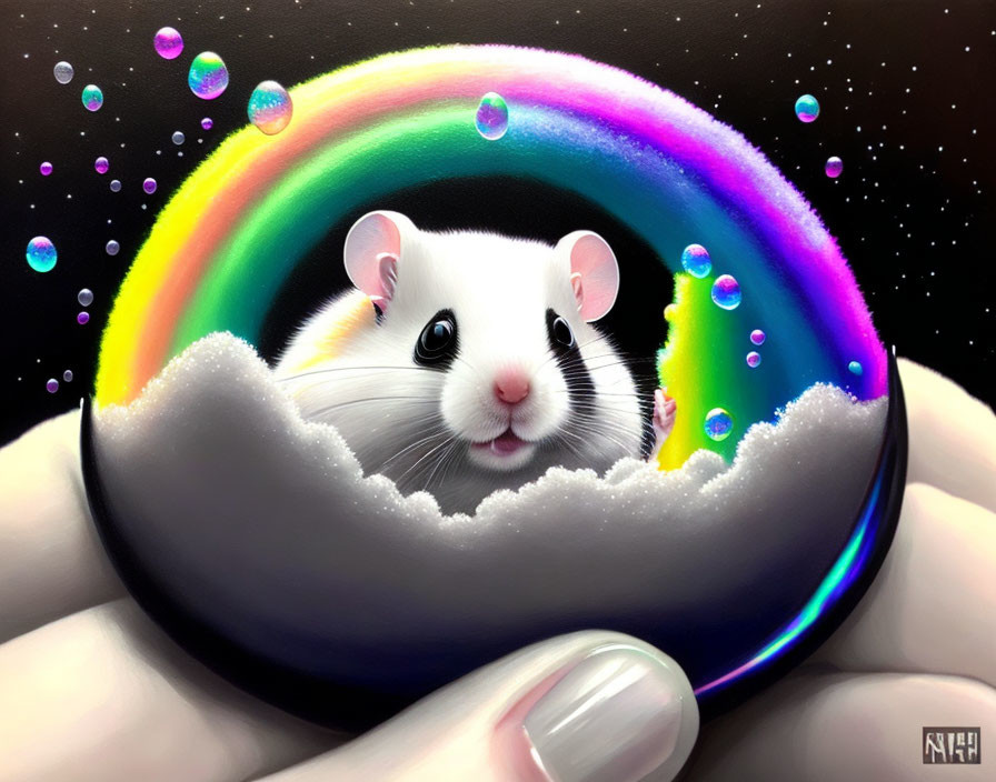 Black and White Mouse in Rainbow Bubble on Starry Night