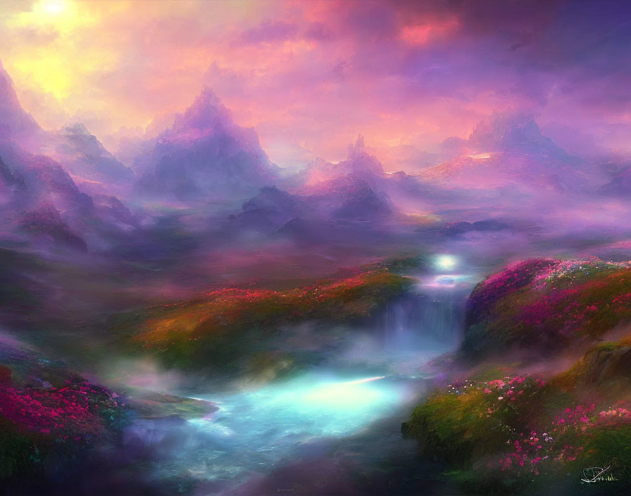 Vibrant pink and purple fantasy landscape with misty mountains, flowing river, and lush flora