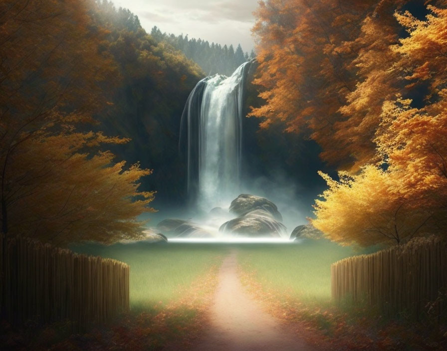 Autumn forest waterfall with rocky cliff and wooden fence