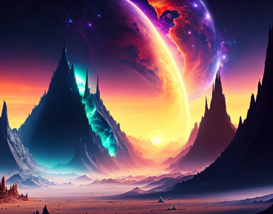 Colorful sci-fi landscape: towering spiky mountains, vast desert, celestial rings.