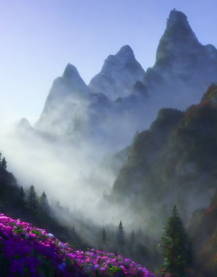 Majestic mountain peaks above a forest with purple flowers under soft light