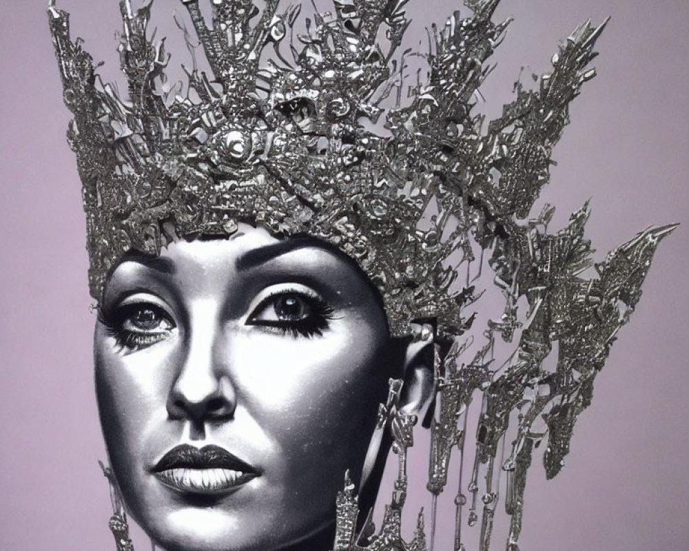 Monochrome portrait of a woman with detailed metallic foliage crown