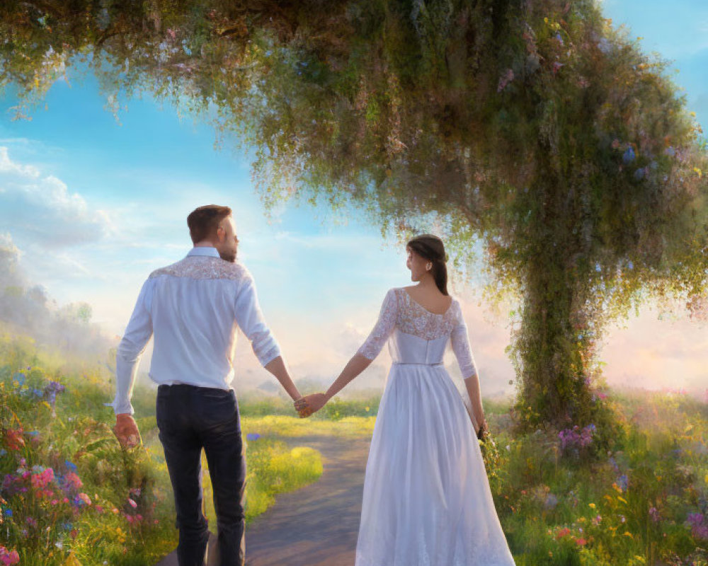 Couple Walking Under Flower Arch in Sunlit Meadow