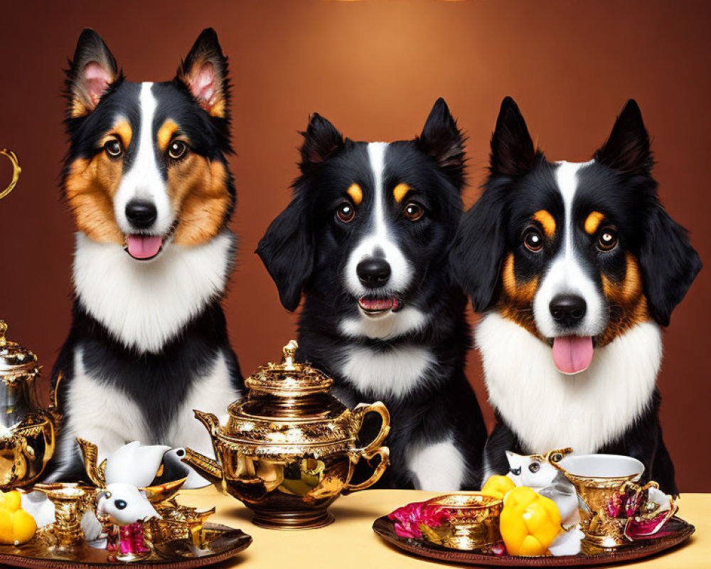 Tricolor dogs with fancy tea set on table amid amber backdrop