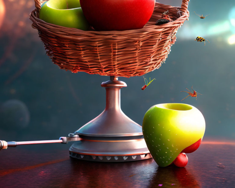 Whimsical still-life with apples, bees, floating basket, and arrow.