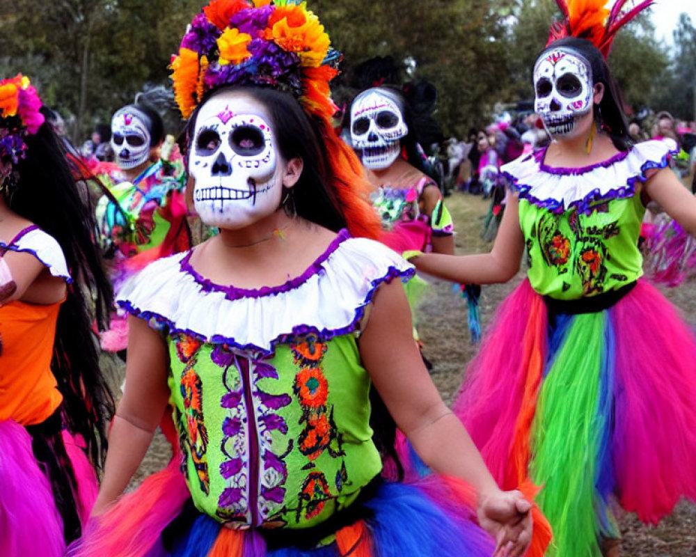 People in colorful attire and skull face paint participating in Day of the Dead festivity.