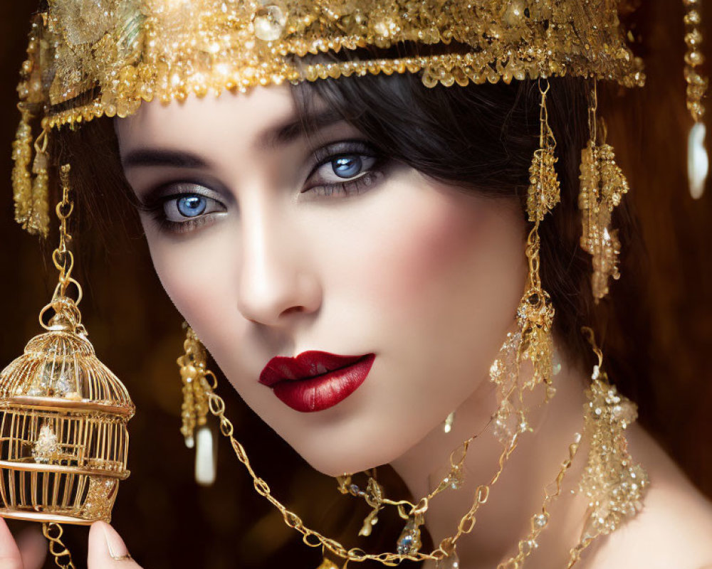 Woman with Blue Eyes and Red Lipstick Holding Golden Birdcage