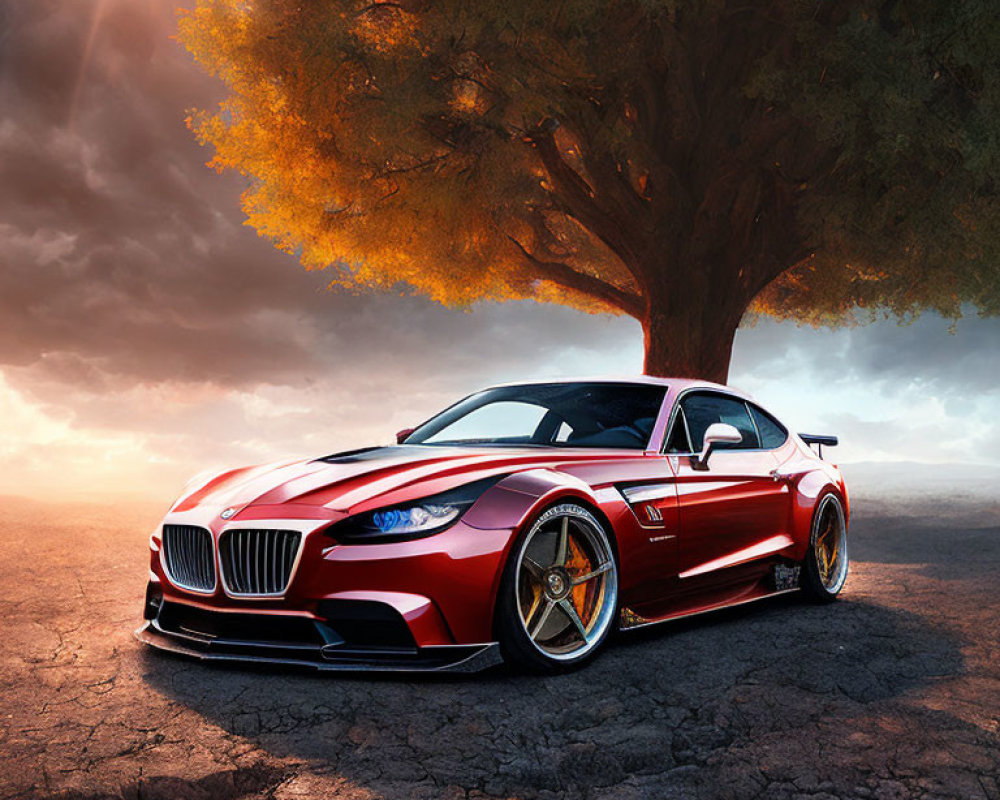 Red sports car parked under golden tree with dramatic sky and glowing sun.