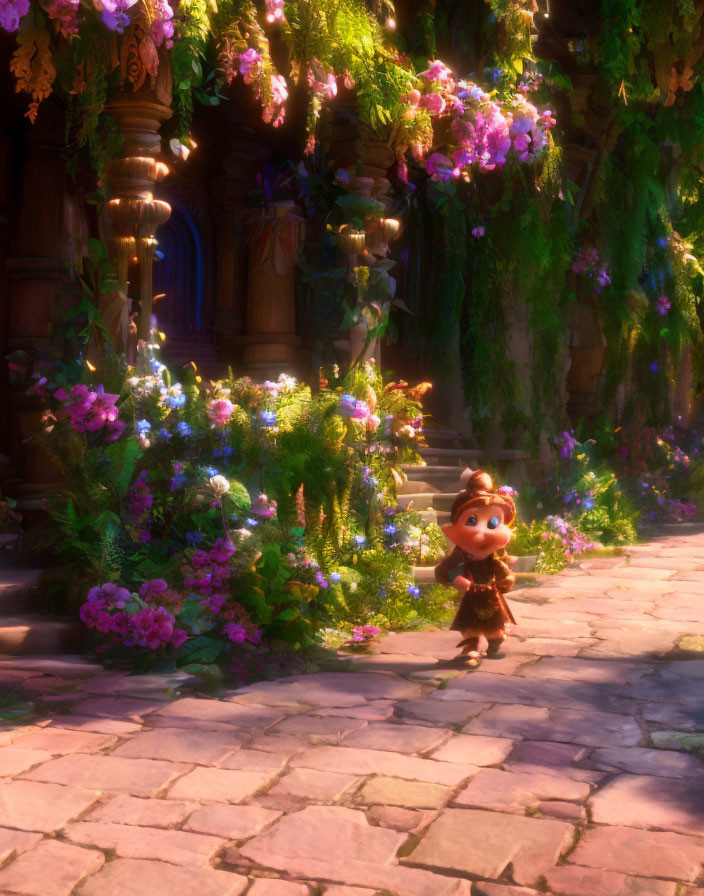 Animated character on cobblestone path surrounded by flowers and greenery