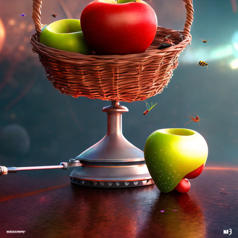 Whimsical still-life with apples, bees, floating basket, and arrow.