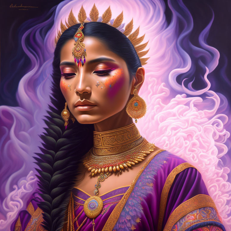 Illustrated portrait of woman with traditional Indian jewelry and purple aura.