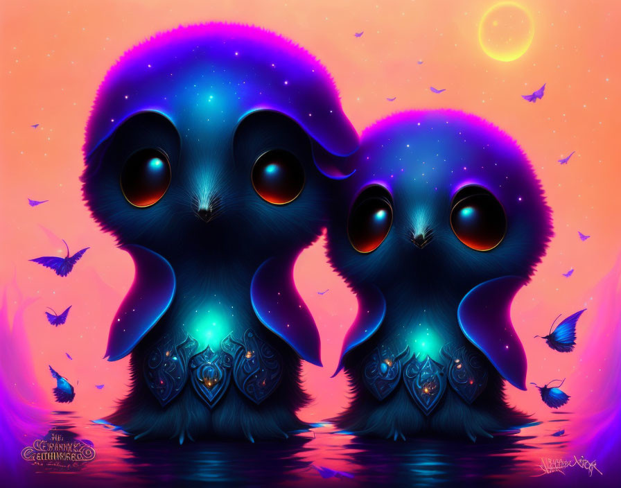 Stylized cosmic creatures with galaxy motif in warm sunset scene